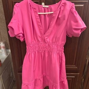 JODIFL Hot Pink Short Sleeve V-Neck Smocked Waist Dress